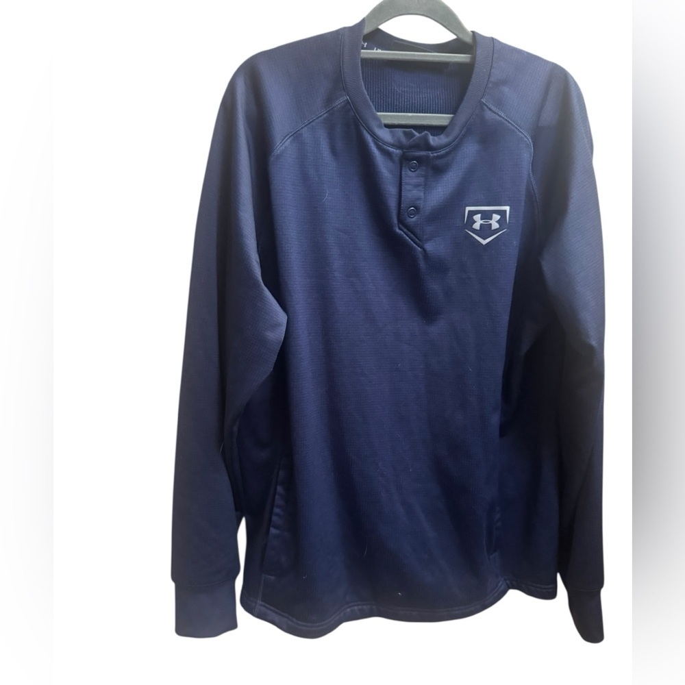 UNDER ARMOUR Coldgear Henley Shirt Men's Med Navy Blue Baseball Training Pockets